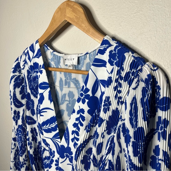Milly Blue Liv Flowers of Spain Long Sleeve V Neck Pleated Mini Dress - Picture 8 of 13